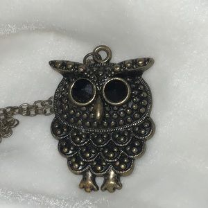 Owl Necklace Black Eyes Dark Gold-Tone Metal